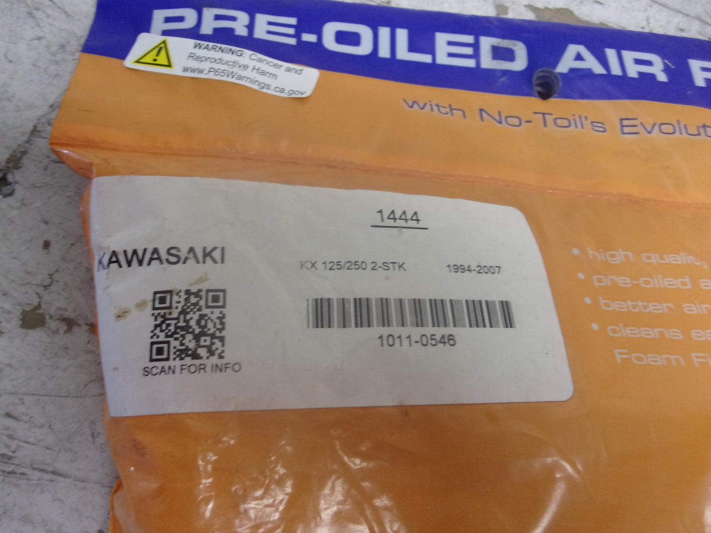 Kawasaki 1994-2007 KX125/250 No Toil Industries Pre-Oiled Air Filter For # 1444