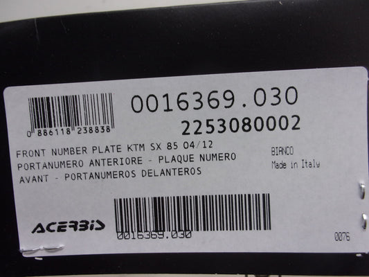 KTM Dirt Bike 2004-2012 SX 85 NEW Acerbis White Front Number Plate # 0016369.030