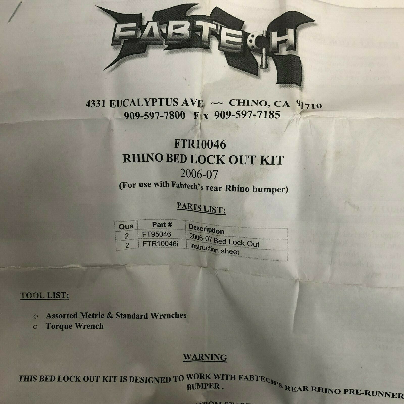 Fabtech Rhino Bed Lock Kit FT95046 FTR10046i Part# FTR10046 OEM NEW